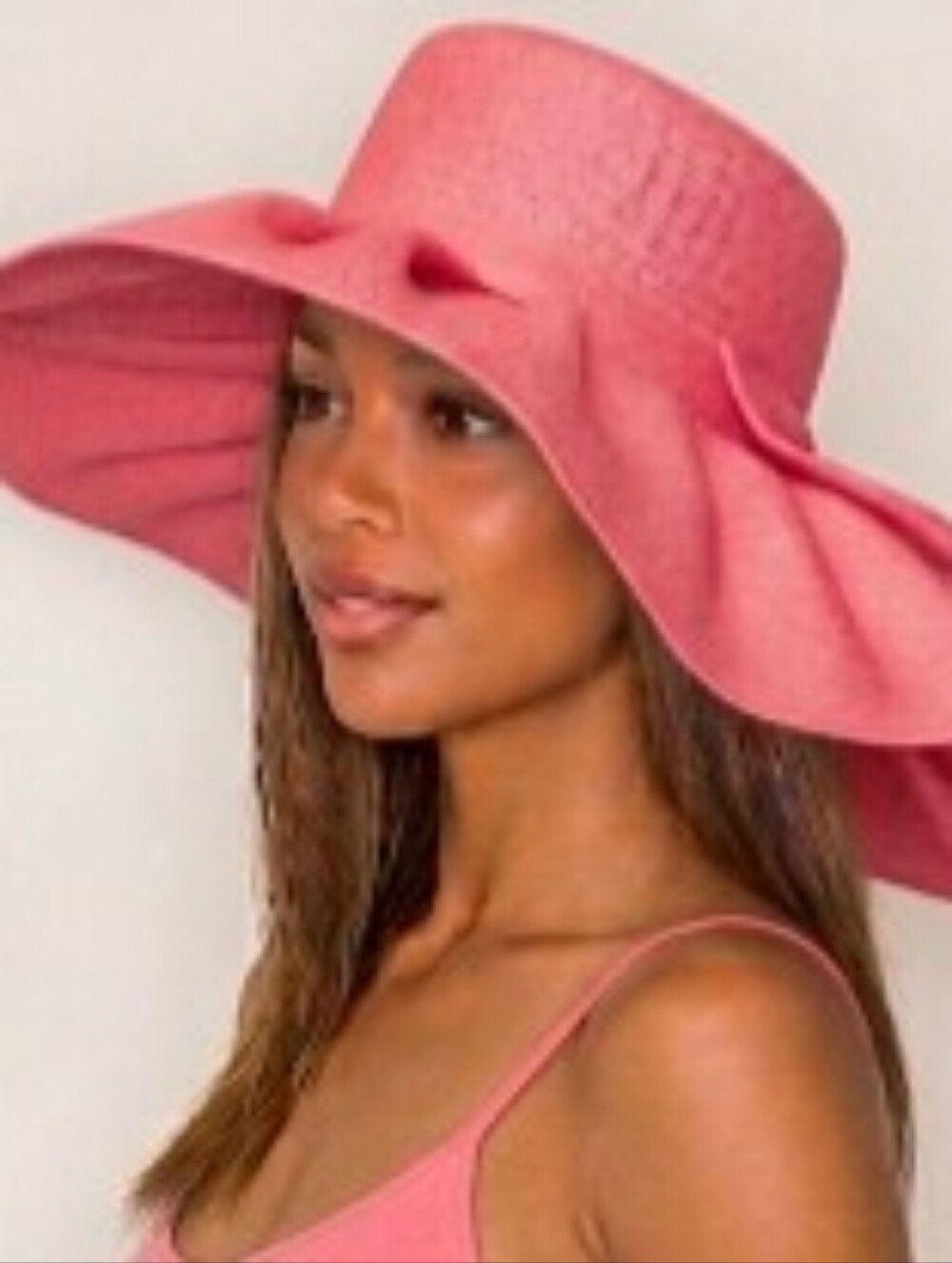 Beloved Millinery Beautiful Fuchsia Hat Wide Brim Gold Woven Chain Band w/Bow